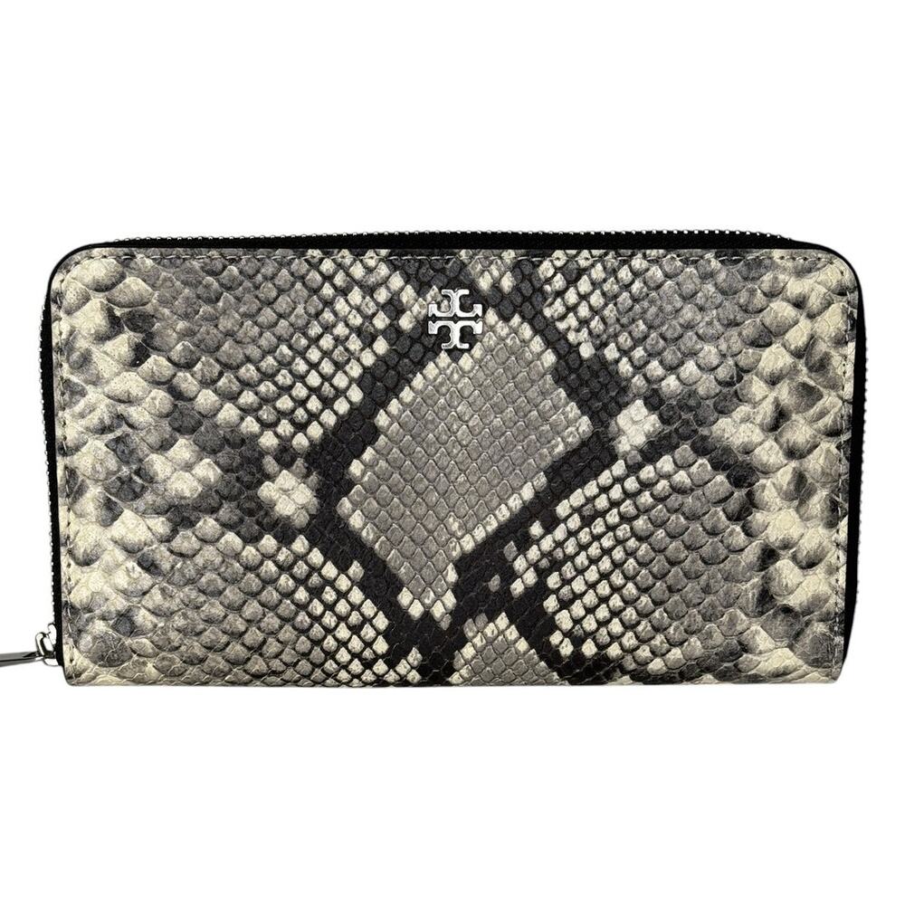Tory Burch Gray Snake Print Zip Around Continental Wallet Leather